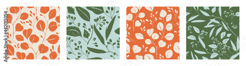 Hand drawn botanical seamless pattern set. Trendy ink drawn textures. Modern design for paper, cover, fabric, interior decor and other users. 