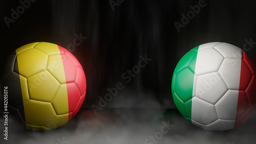 Two soccer balls in flags colors on a black abstract background. Belgium and Italy. 3d image