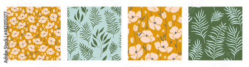 Hand drawn botanical seamless pattern set. Trendy ink drawn textures. Modern design for paper, cover, fabric, interior decor and other users. 