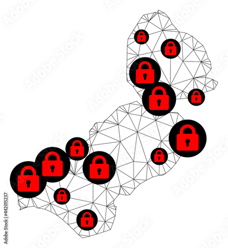 Polygonal mesh lockdown map of Flevoland Province. Abstract mesh lines and locks form map of Flevoland Province. Vector wire frame 2D polygonal line network in black color with red locks. photo