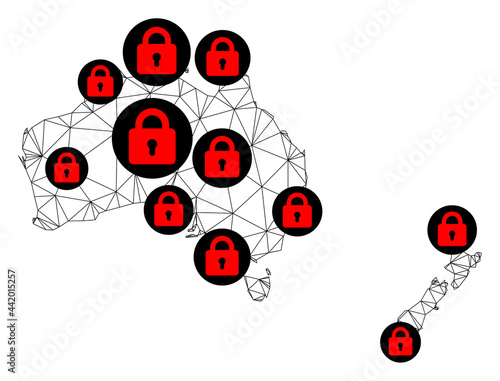 Polygonal mesh lockdown map of Australia and New Zealand. Abstract mesh lines and locks form map of Australia and New Zealand.