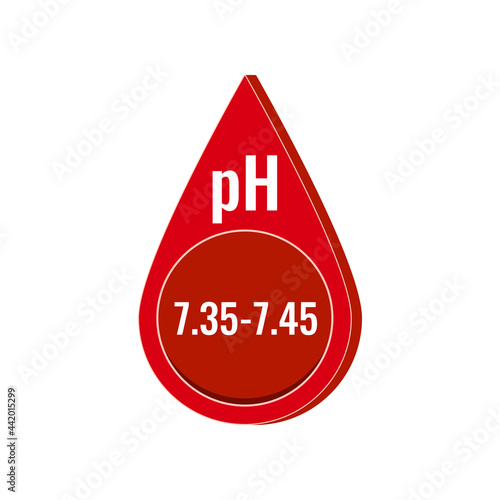 Human blood pH level icon isolated on white background.  Red blood drop shape mark with normal healthy human blood ph balance from 7.35 to 7.45. Flat design vector illustration.