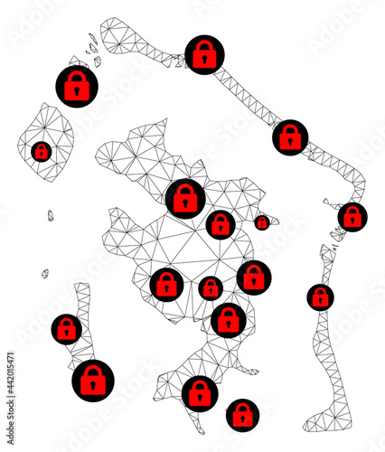 Polygonal mesh lockdown map of Bora-Bora. Abstract mesh lines and locks form map of Bora-Bora. Vector wire frame 2D polygonal line network in black color with red locks.
