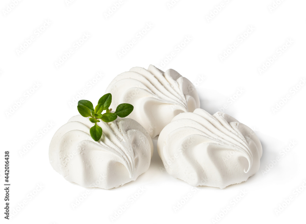 three fruit marshmallows with mint isolated on white