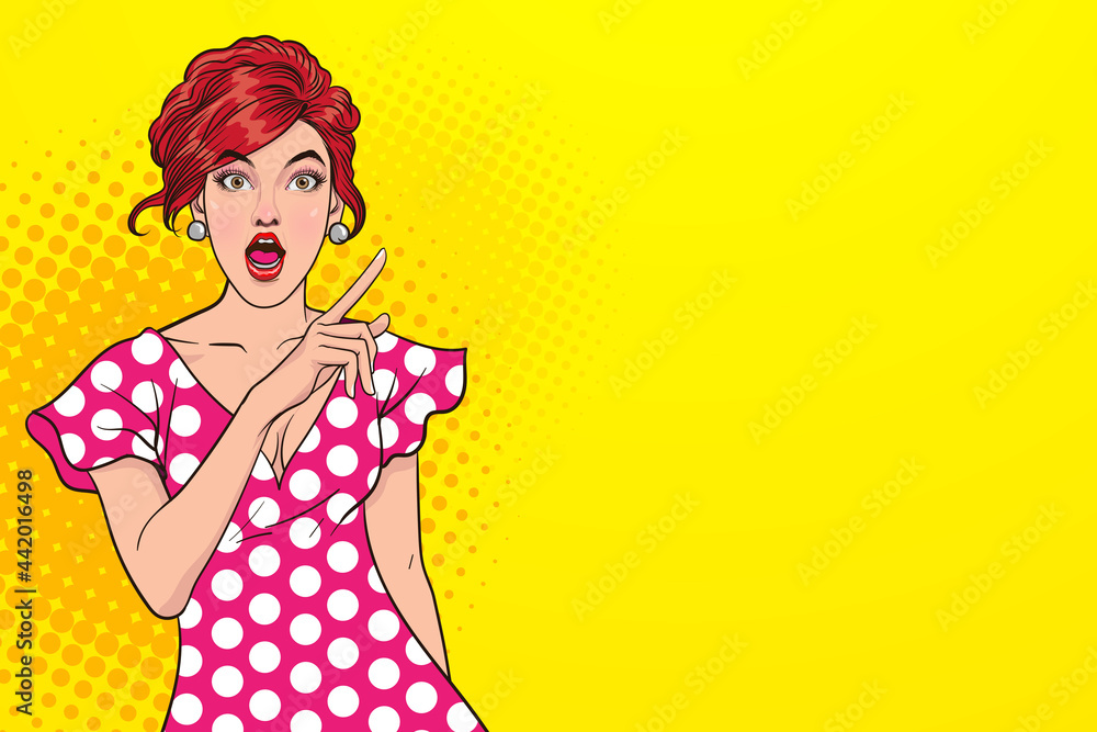 Surprised sexy woman with open mouth and pointing finger up Surprised sexy woman with open mouth and pointing finger up