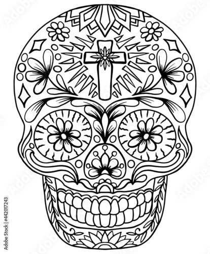 Skull drawn with flowers and crucifix for coloring on a white background, vector, Day of the Dead, Mexican Festival.