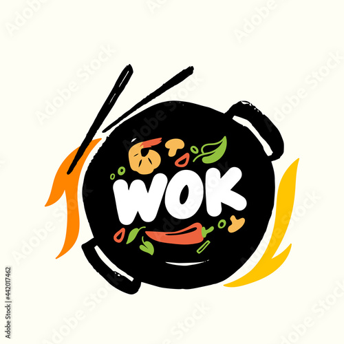 Banner, Emblem Wok and Chopsticks with Chinese Food and Fire Top View. Fried Asian Meal Cooking Concept with Ingredients