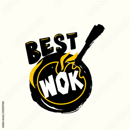 Best Wok Design for Chinese Food Menu or Restaurant Signboard. Cooking Pan with Fire Top View, Fried Asian Meals Concept