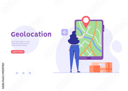 Woman searching and marking a place on the map. Concept of geolocation, gps navigation, online map, gps pin, correct way. Vector illustration in flat design for mobile app, ui, web banner
