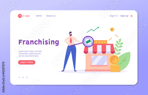 Businessman opening or buying a franchise. Buying a finished business. Concept of business industry, franchising, business expansion, distribution. Vector illustration in flat design.