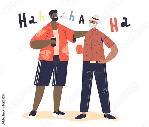 Two adult men laugh out loud. Male friends communicate telling jokes drink beer together have fun