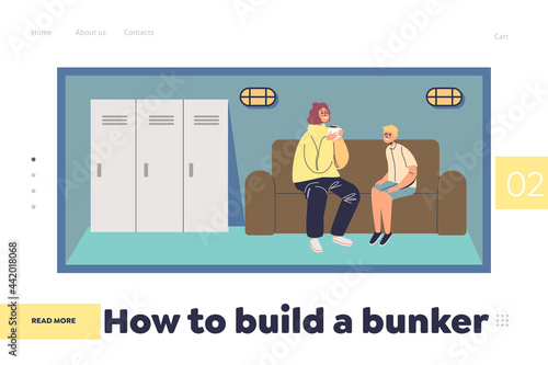 Build bunker concept of landing page with mother and son in safe room secure shelter space underground
