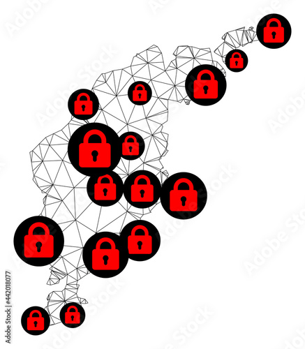 Polygonal mesh lockdown map of Gotland Island. Abstract mesh lines and locks form map of Gotland Island. Vector wire frame 2D polygonal line network in black color with red locks. photo
