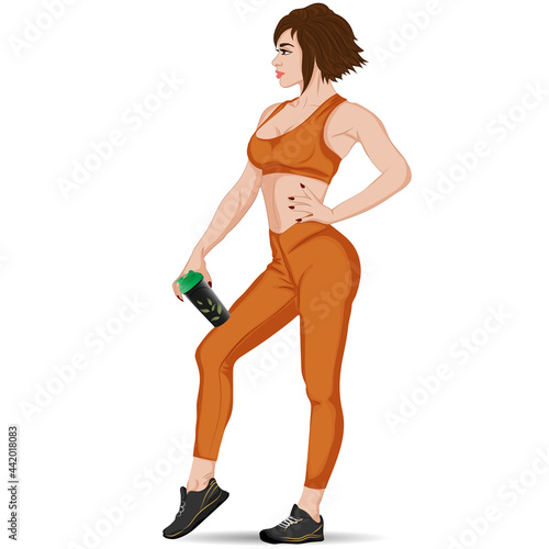 Sports girl with a bottle of water. Vector art