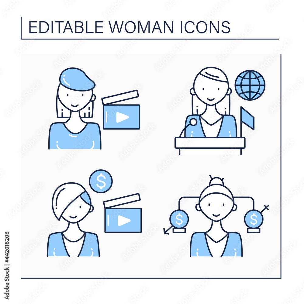 Woman line icons set. Equal rights, politician, film director, producer. Successful woman concept. Isolated vector illustrations.Editable stroke Woman line icons set. Equal rights, politician, film director, producer. Successful woman concept. Isolated vector illustrations.Editable stroke