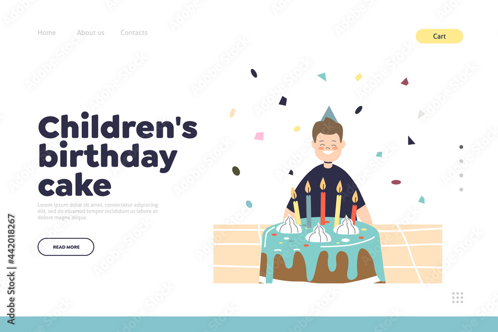 Children birthday cake concept of landing page with boy sit in front of festive pastry with candles Children birthday cake concept of landing page with boy sit in front of festive pastry with candles