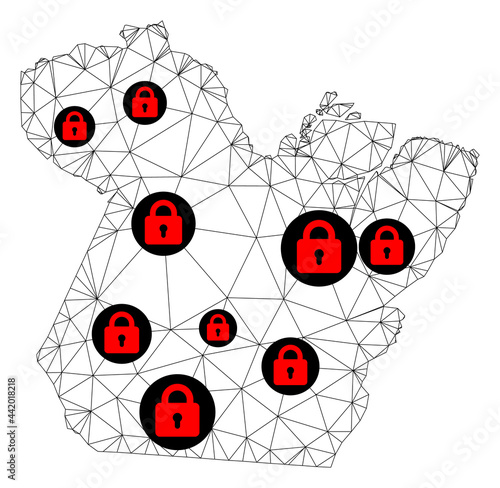 Polygonal mesh lockdown map of Paral State. Abstract mesh lines and locks form map of Paral State. Vector wire frame 2D polygonal line network in black color with red locks. photo