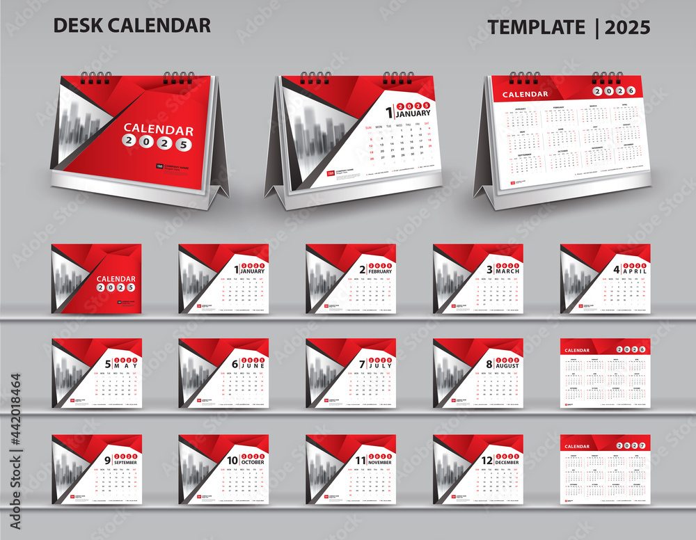 Set Desk Calendar 2025 template and desk calendar 3d mockup, Calendar 2026-2027 template, Red cover design, Set of 12 Months, Week starts Sunday, Stationery, planner, wall calendar 2025 year