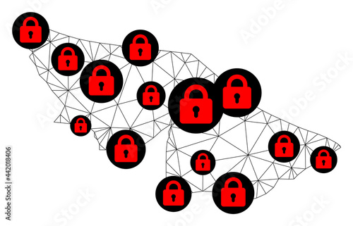 Polygonal mesh lockdown map of Acre State. Abstract mesh lines and locks form map of Acre State. Vector wire frame 2D polygonal line network in black color with red locks.