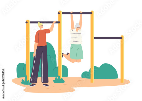 Young Woman Training Senior Female Character Exercising on Horizontal Bar, Pensioner Doing Exercises, Outdoor Activity