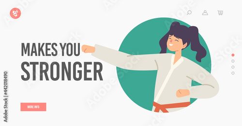 Girl Training Martial Arts, Sports Activity, Combat Kid Landing Page Template. Child Wearing Kimono with Red Belts