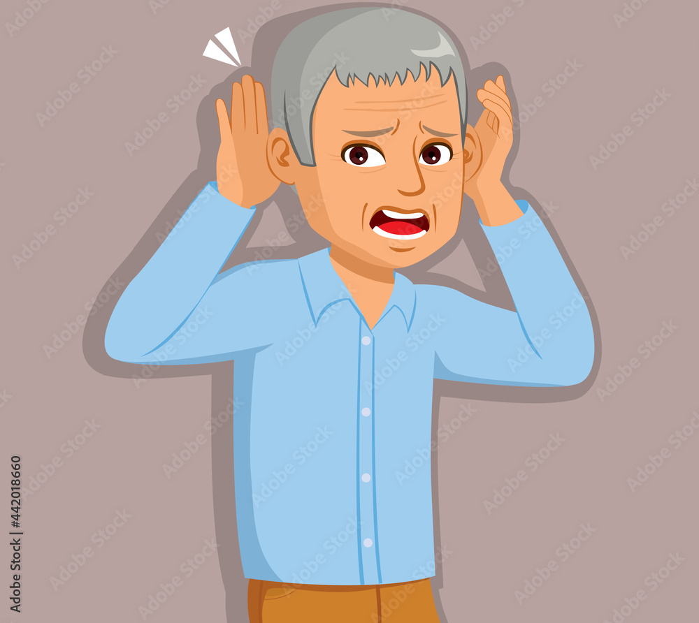 Deaf senior man putting hands on ears trying to listen