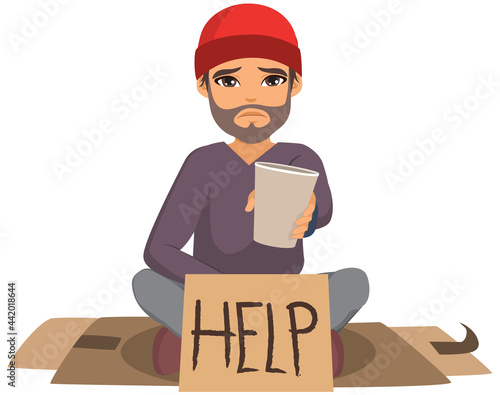 Homeless person sitting on cardboard holding mug asking for money and a banner with help text