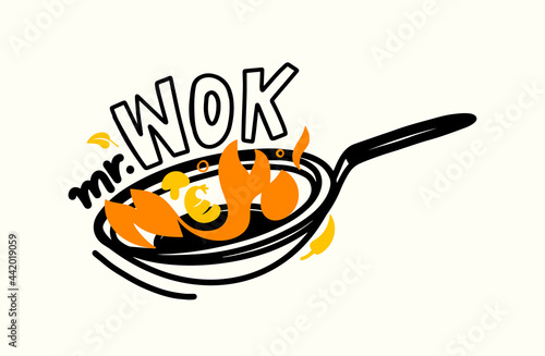 Mr. Wok Banner, Chinese Food Cooking and Fried Asian Meals Concept with Spicy Ingredients and Fire on Pan. China House