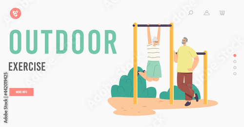 Pensioners Outdoor Exercises, Activity and Sport Landing Page Template. Couple of Seniors Exercising on Horizontal Bar