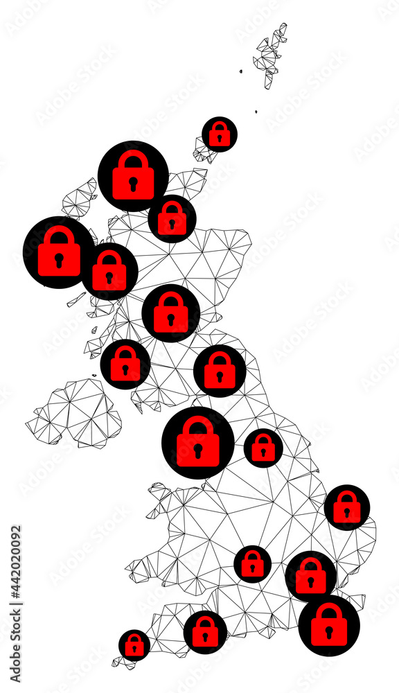 Polygonal mesh lockdown map of United Kingdom. Abstract mesh lines and locks form map of United Kingdom. Vector wire frame 2D polygonal line network in black color with red locks.