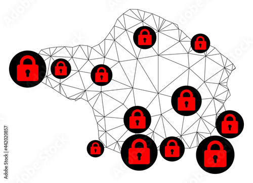 Polygonal mesh lockdown map of Faial Island. Abstract mesh lines and locks form map of Faial Island. Vector wire frame 2D polygonal line network in black color with red locks. photo