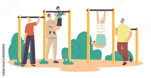 Little Boy With Father, Mother and Grandparents Exercising Outdoor. Son with Dad Help Catch Up on the Horizontal Bar