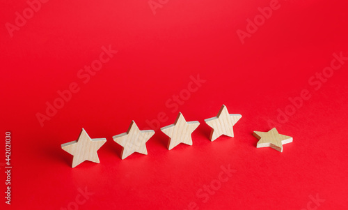 One of the five stars fell down. Loss of the fifth star. Drop in rating, prestige and reputation reduction. Lowering and demotion. Decline in quality and level of service. Dont meet the requirements