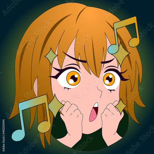 emoji girl orange hair admire with musical notes