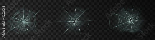 Set of realistic broken glass with holes. Damaged glass of window or door pane and windscreen
