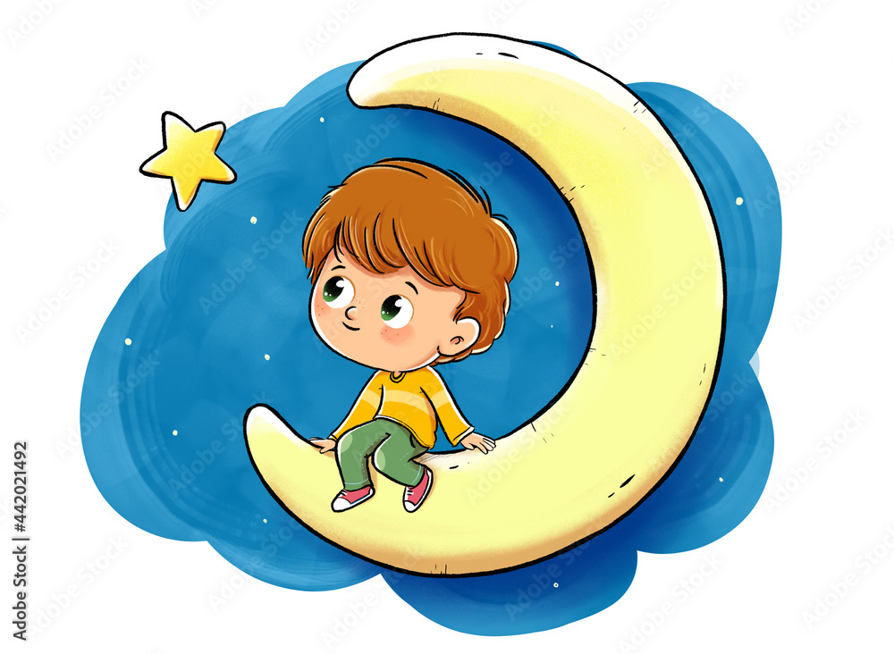 illustration of a boy sitting on the moon looking at a star Stock ...