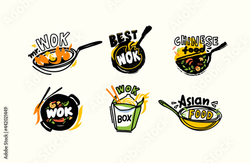 Set of Icons or Emblems Wok and Chopsticks, Chinese Food, Fire, Fresh Fried Asian Meals Cooking Concept with Ingredients