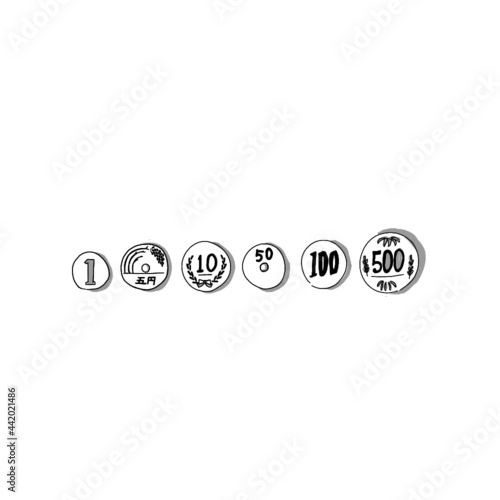 Japanese goods illustration. Hand drawn sketch. Japanese culture and lifestyle. Vector illustration of Japanese coin money icon. Graphic design elements. Isolated objects. © Mizuho Call