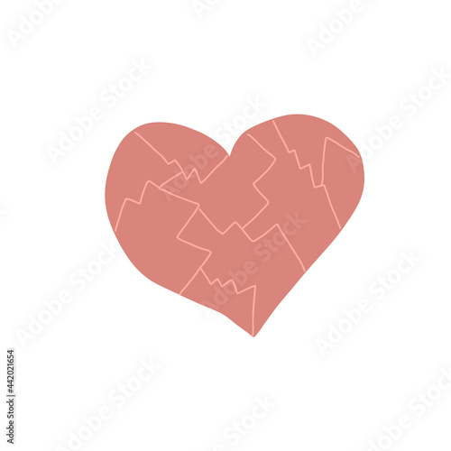 Broken red heart isolated shape. Mosaic love symbol like shattered glass pieces. Valentine day holiday design element. EPS10 vector.