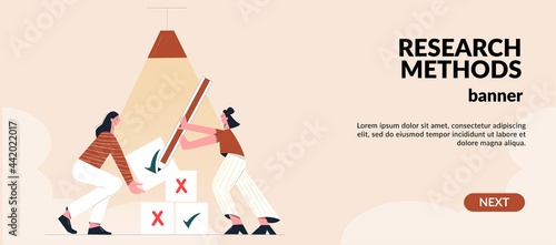 Female character with checking pencil Woman search document or file. Concept of information, data organization, optimization, searching and analyzing. Flat vector illustration, web banner template