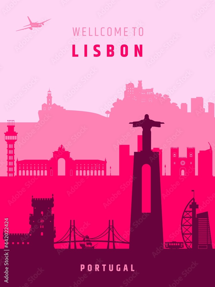 European cities capital lisbon landmarks vector poster design, Portugal