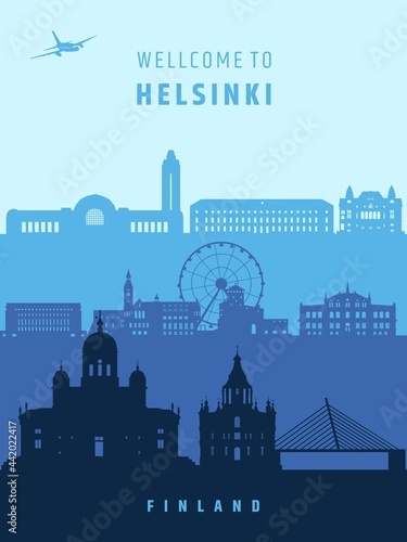 Finland metropolitan landmarks poster design vector illustration. Helsinki city skyline vertical banner.