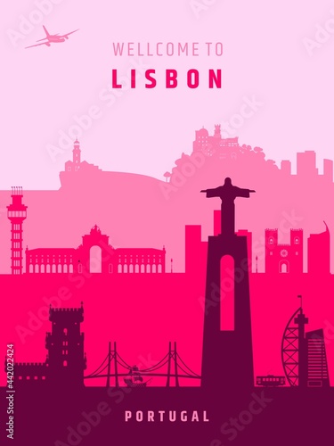 European cities capital lisbon landmarks vector poster design, Portugal