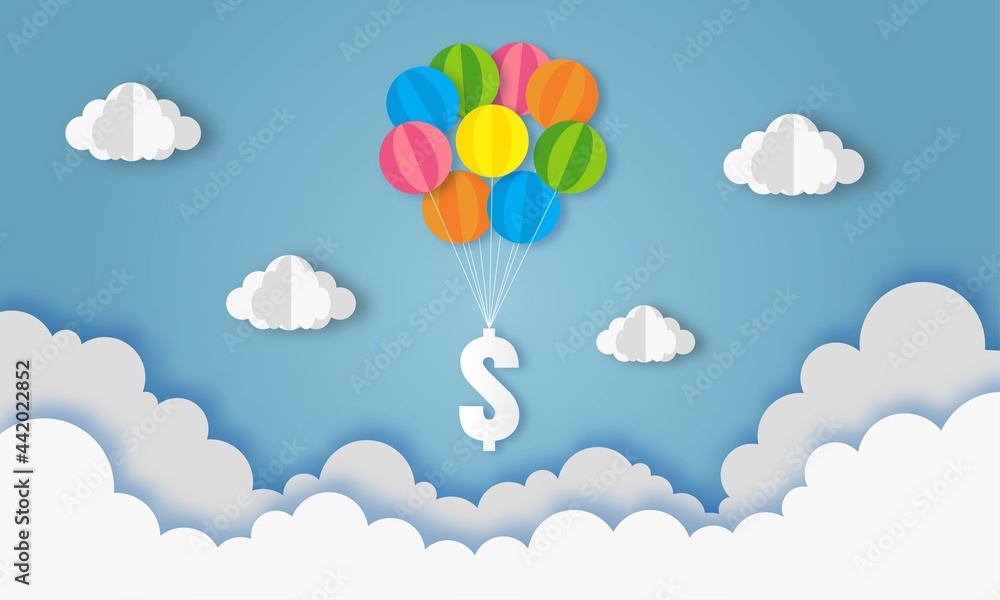 balloon fly with dollar sign on blue sky. business and finance concept paper art style. vector Illustration.