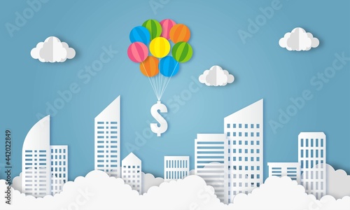 balloon fly with dollar sign on blue sky. business and finance concept paper art style. vector Illustration.
