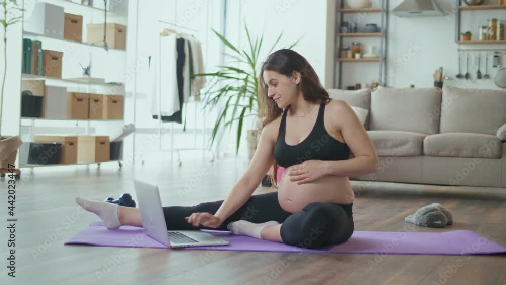 Young Pregnant Woman Goes in for Sports Online in the Living Room at Home.Sport, Fitness Concept. Young Pregnant Woman Goes in for Sports Online in the Living Room at Home.Sport, Fitness Concept.