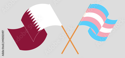 Crossed and waving flags of Qatar and transgender pride