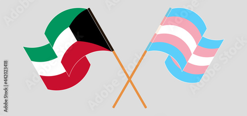 Crossed and waving flags of Kuwait and transgender pride