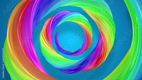3d render. Abstract background with rainbow color stripes in spiral and shiny on blue background. Rainbow structure.