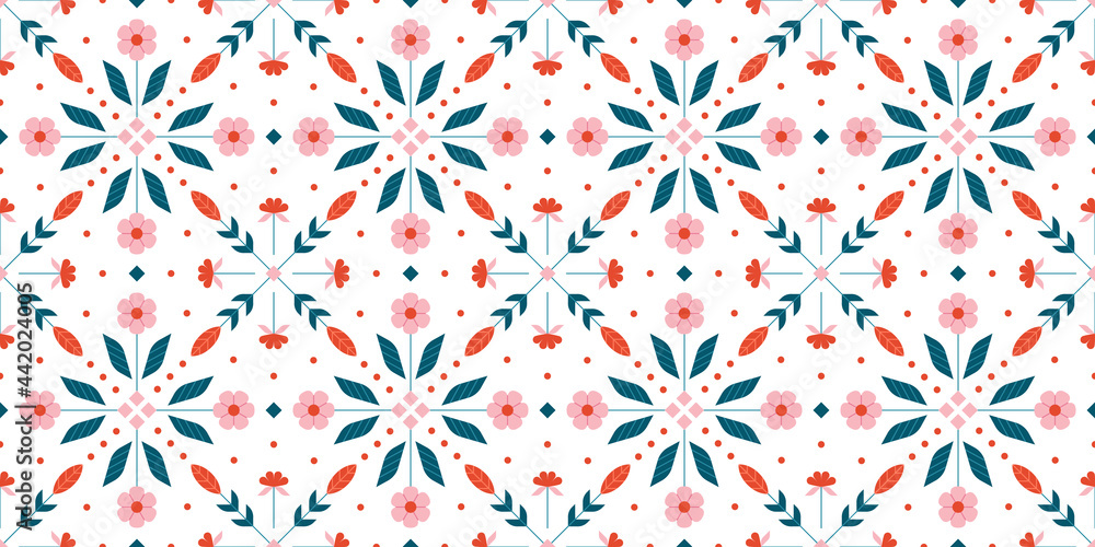 Floral seamless pattern with abstract spring flowers, leafs and polka dots in nordic style Floral seamless pattern with abstract spring flowers, leafs and polka dots in nordic style